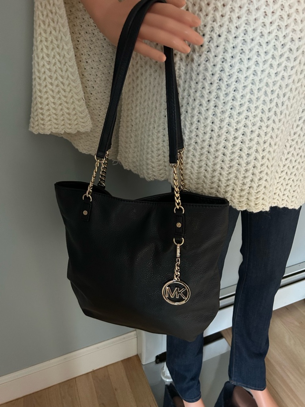 Michael Kors Black Leather Tote with Gold Chain Handles and MK Charm